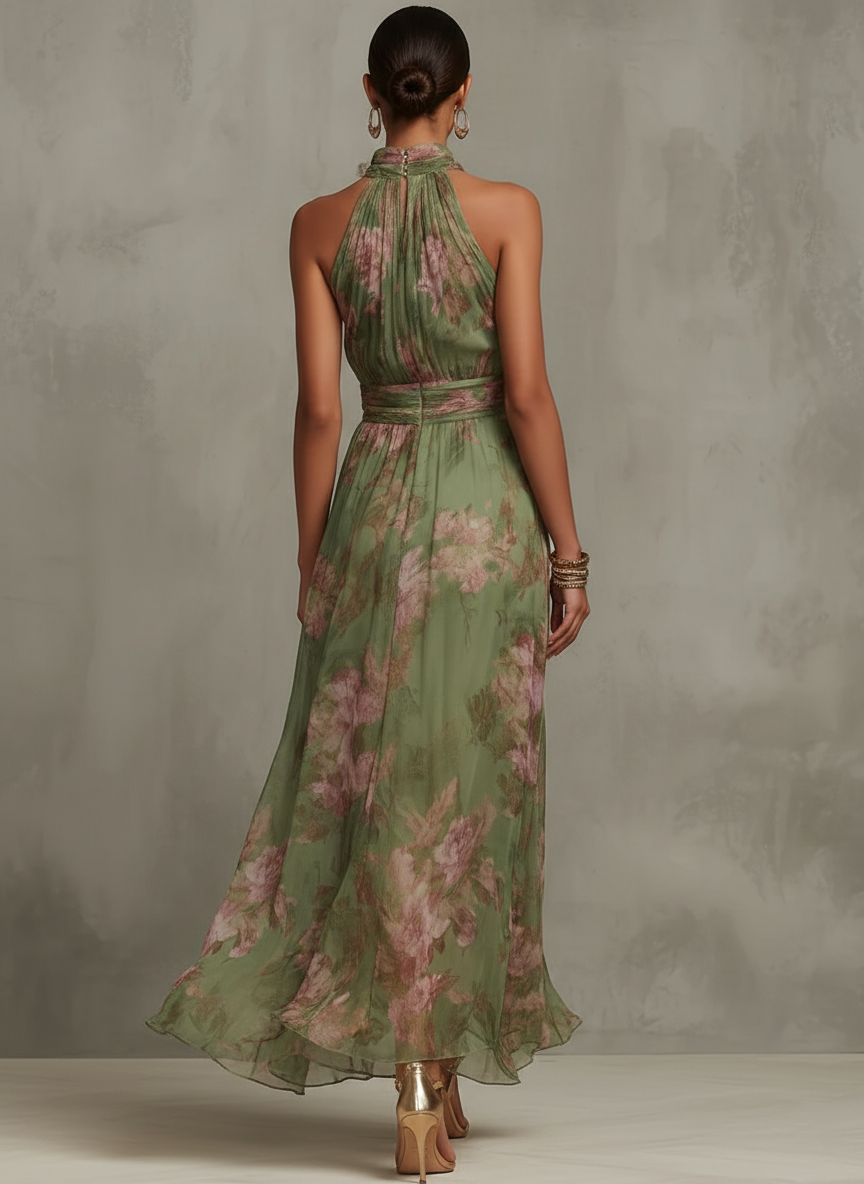 Serena - Vestido largo verde floral de chifón con scollo a halter