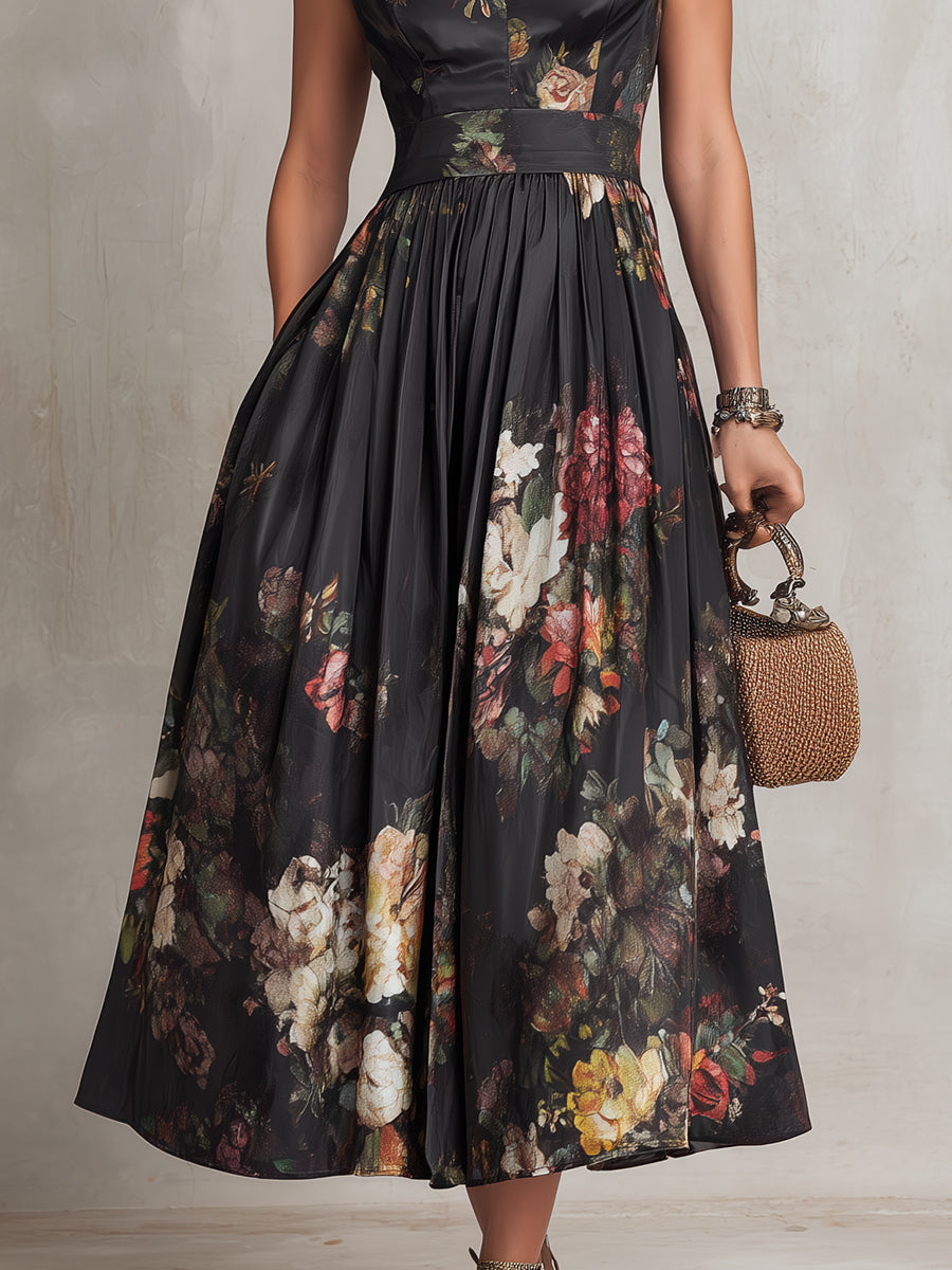 Vestido Midi en Satén Plisado con Cuello a Abertura Negra