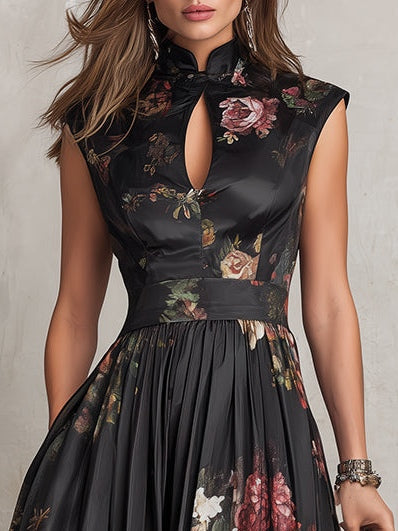 Vestido Midi de Satén Plisado Negro con Escote de Abertura