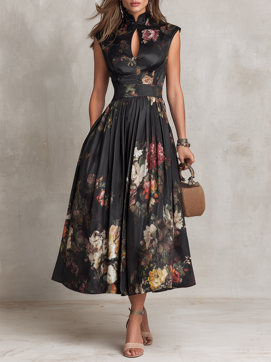 Vestido Midi de Satén Plisado Negro con Escote de Abertura