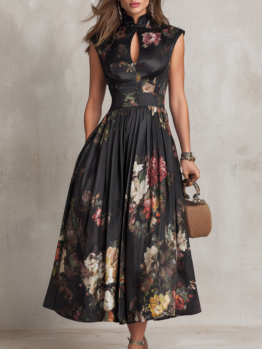 Vestido Midi de Satén Plisado Negro con Escote de Abertura