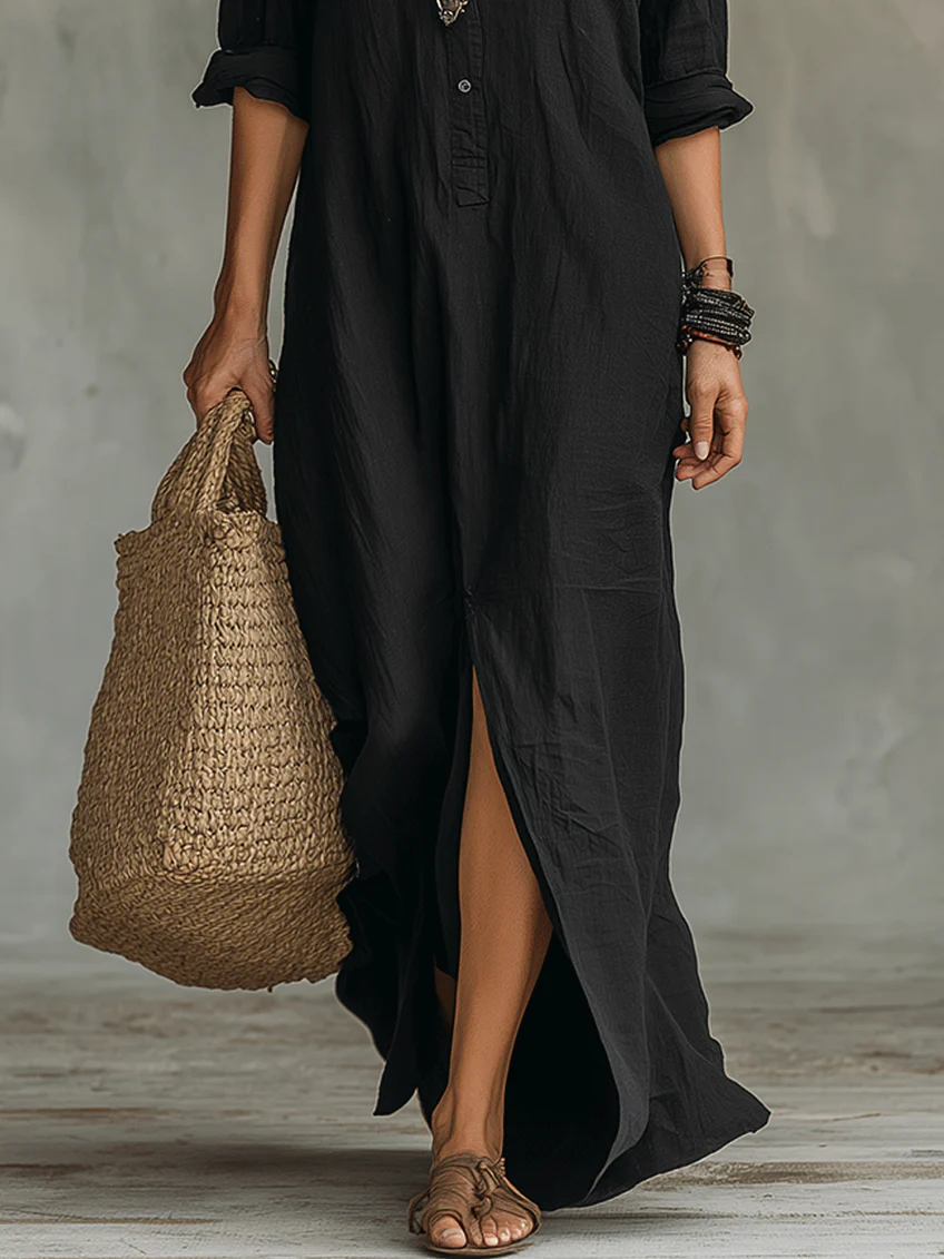 Soline™ | Vestido maxi negro holgado con botones