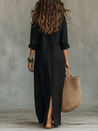 Soline™ | Vestido maxi negro holgado con botones