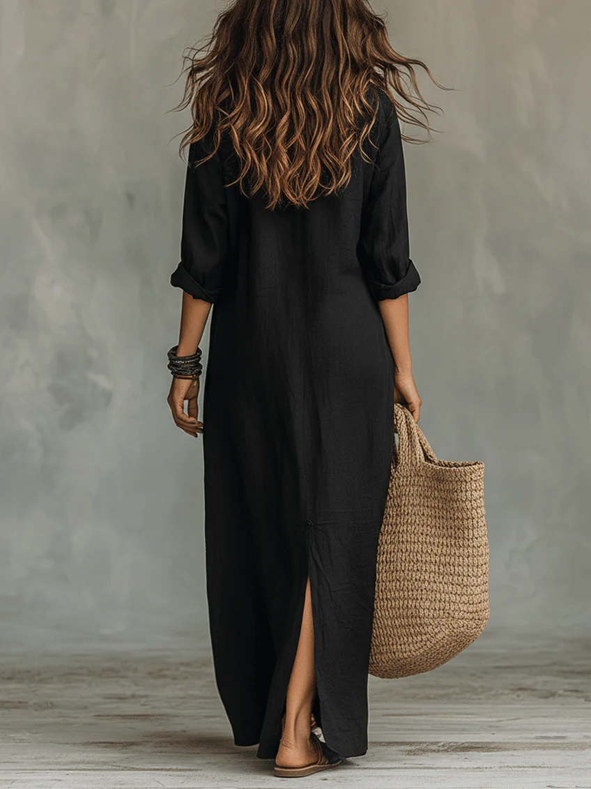 Soline™ | Vestido maxi negro holgado con botones