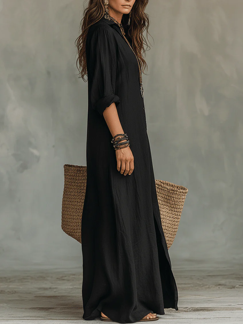Soline™ | Vestido maxi negro holgado con botones