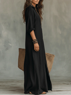 Soline™ | Vestido maxi negro holgado con botones