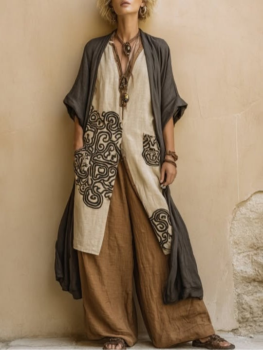 Giulia - Conjunto de tres piezas Bohemien nómada Gris Scuro y Marrón con Motivo Tribale