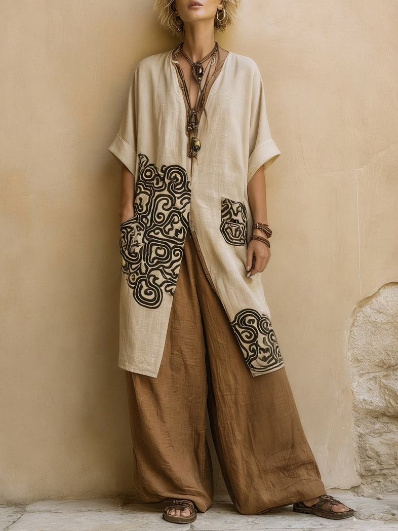 Giulia - Conjunto de tres piezas Bohemien nómada Gris Scuro y Marrón con Motivo Tribale