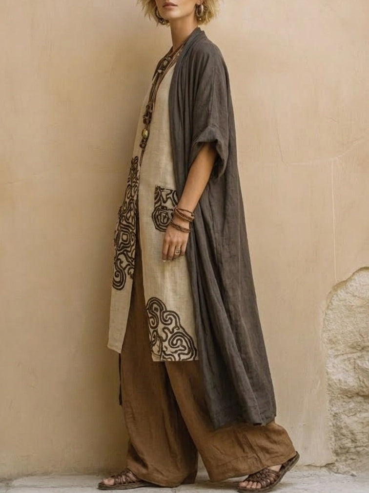 Giulia - Conjunto de tres piezas Bohemien nómada Gris Scuro y Marrón con Motivo Tribale