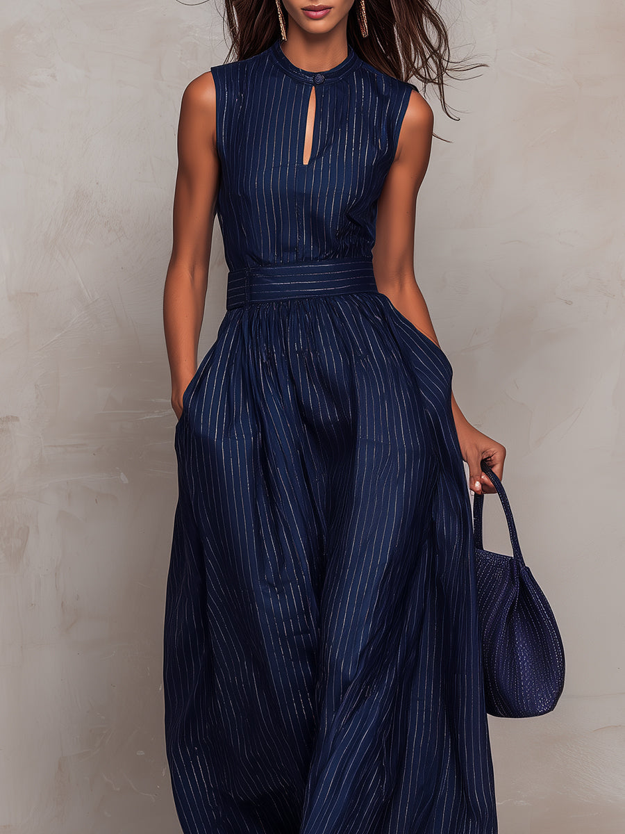 Anna - Tuta azul scuro de rayas con escote con abertura y pantalones de pierna ancha