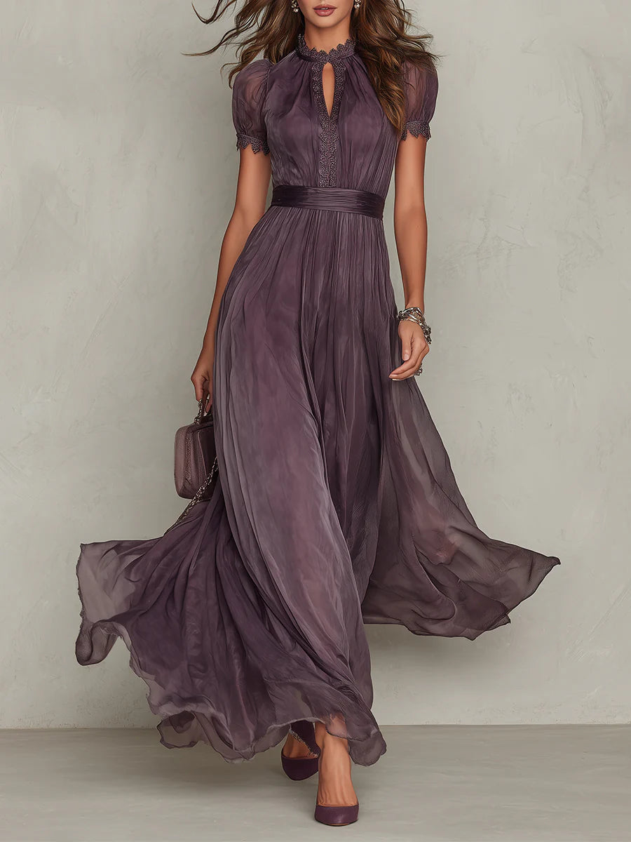 Flavia - Vestido largo morado con escote con abertura, borde de encaje de chifón