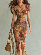 Vestido Maxi de Chifón Naranja con Estampado Artístico
