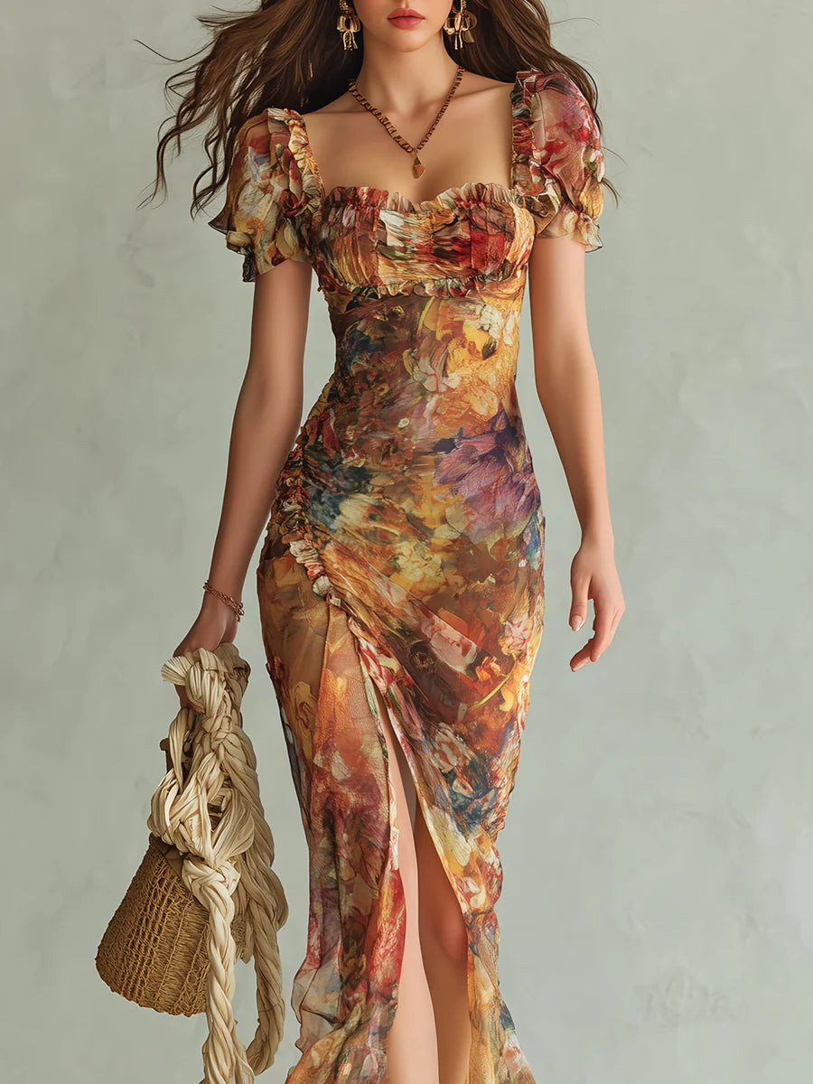 Vestido Maxi de Chifón Naranja con Estampado Artístico