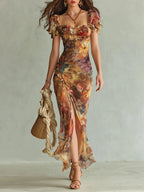 Vestido Maxi de Chifón Naranja con Estampado Artístico