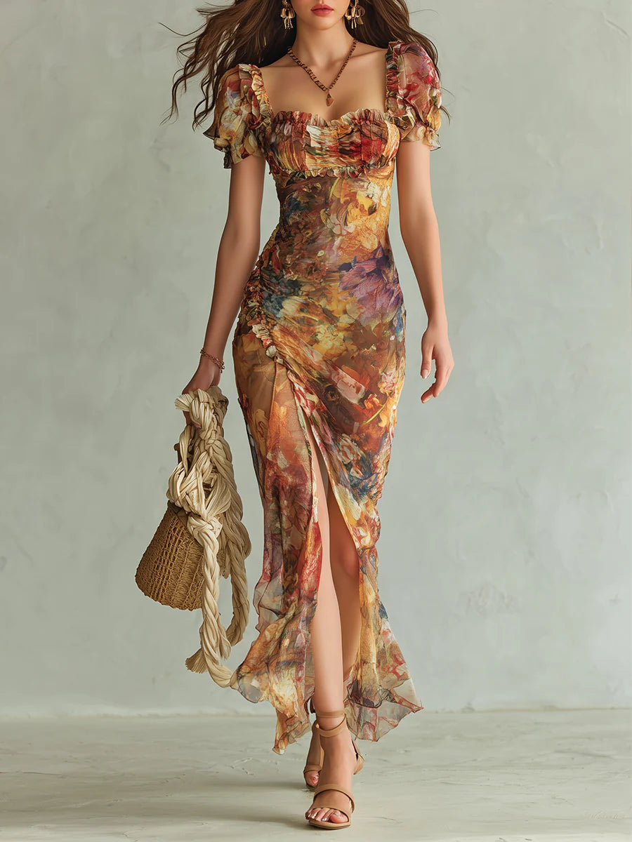 Vestido Maxi de Chifón Naranja con Estampado Artístico