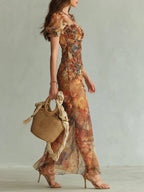 Vestido Maxi de Chifón Naranja con Estampado Artístico
