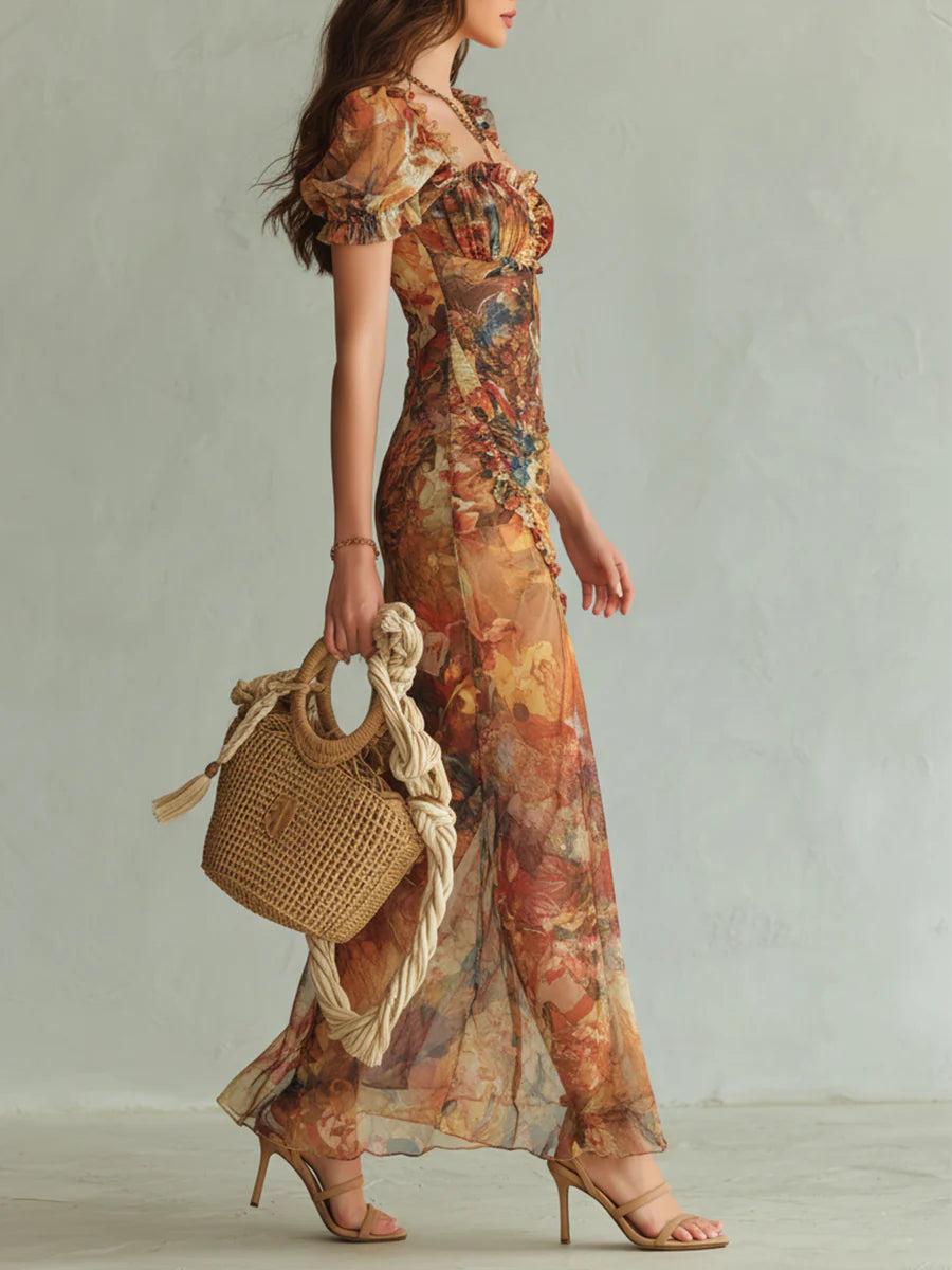Vestido Maxi de Chifón Naranja con Estampado Artístico