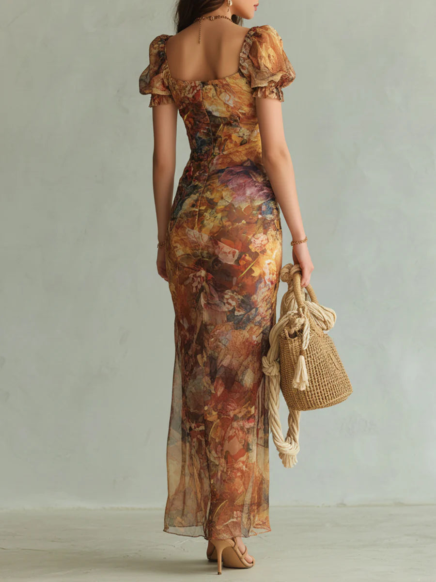 Vestido Maxi de Chifón Naranja con Estampado Artístico