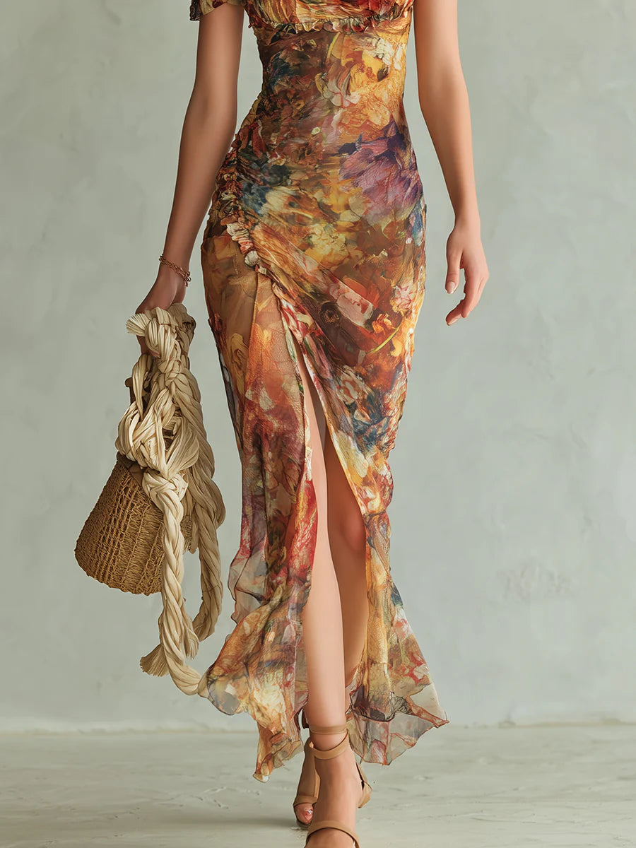 Vestido Maxi de Chifón Naranja con Estampado Artístico