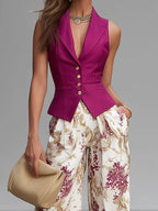 Conjunto de Chaleco Rosa y Pantalones Anchos Florales
