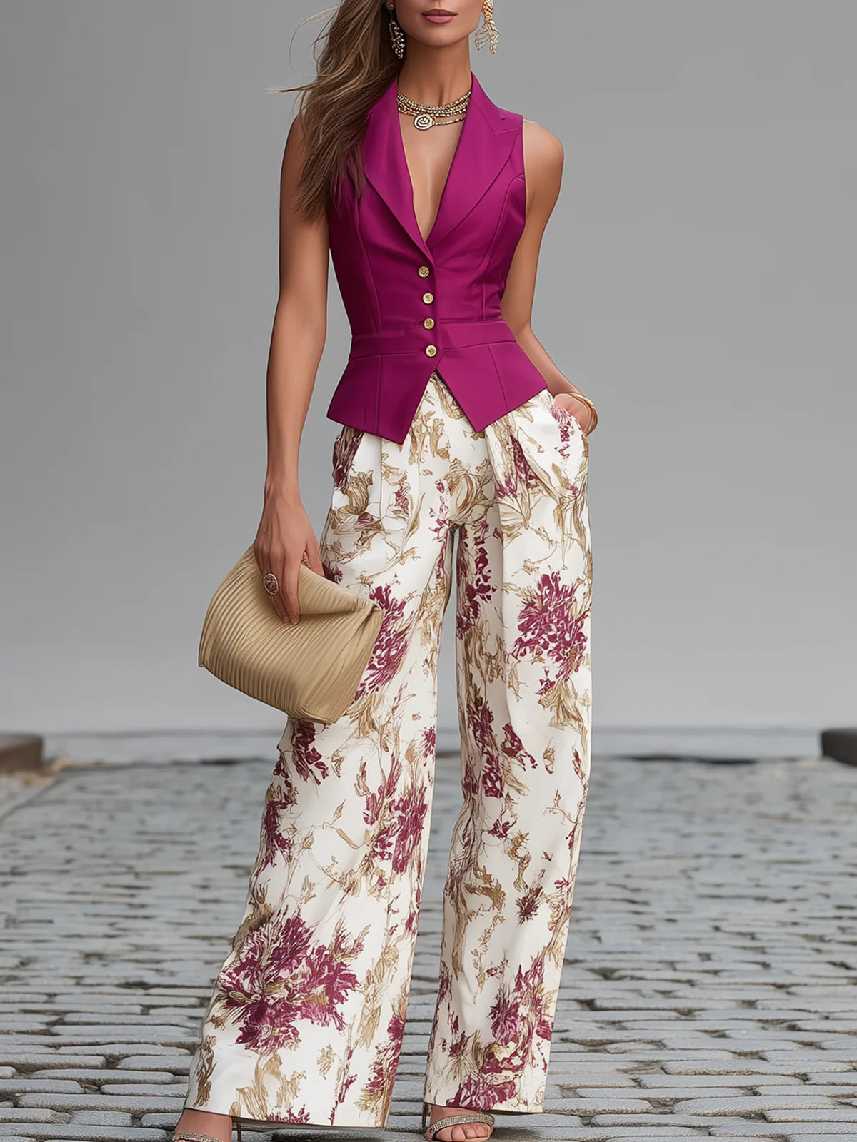 Conjunto de Chaleco Rosa y Pantalones Anchos Florales