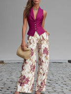Set Chaleco Rosa y Pantalones Ampi a Flores