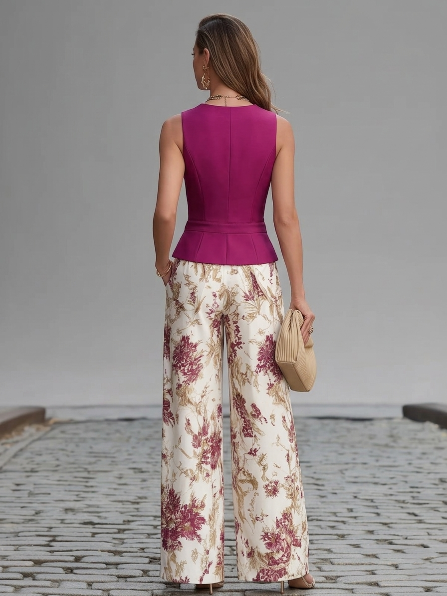 Conjunto de Chaleco Rosa y Pantalones Anchos Florales