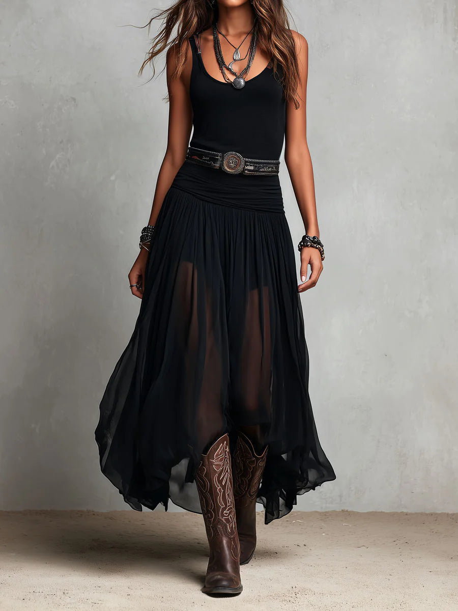 Set Top Negro y Falda Maxi en Tul