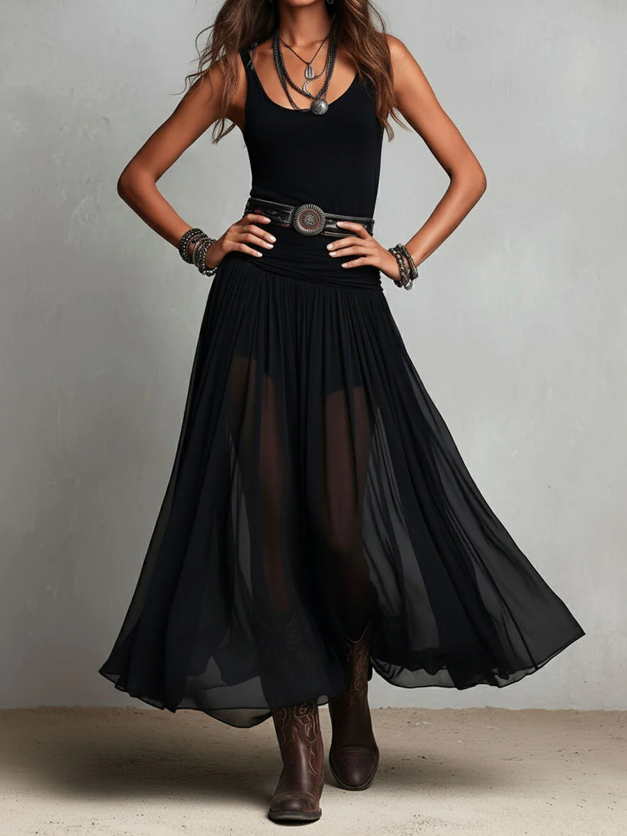 Set Top Negro y Falda Maxi en Tul
