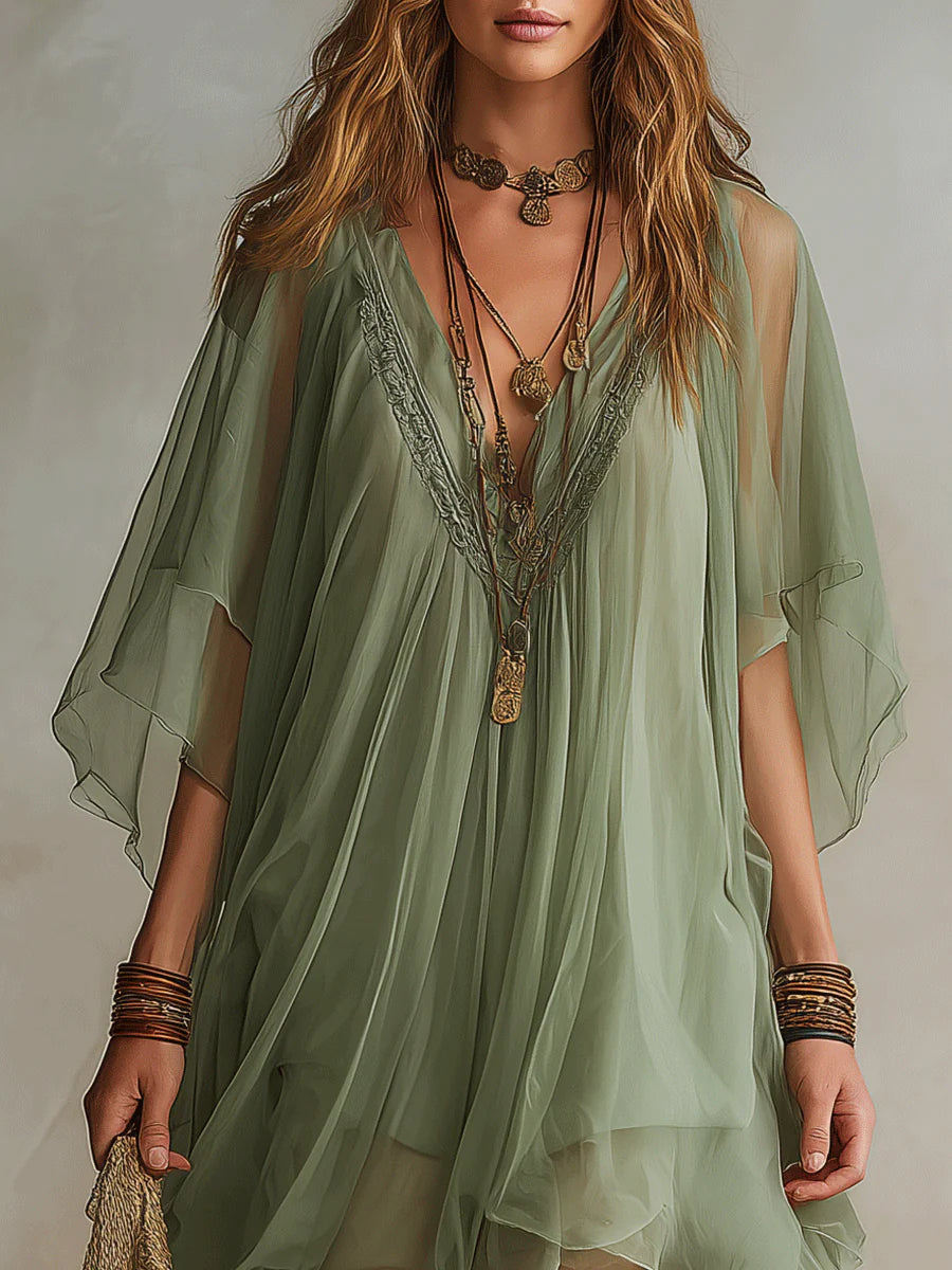 Vestido Mini Fluido de Chifón Verde con Escote en V