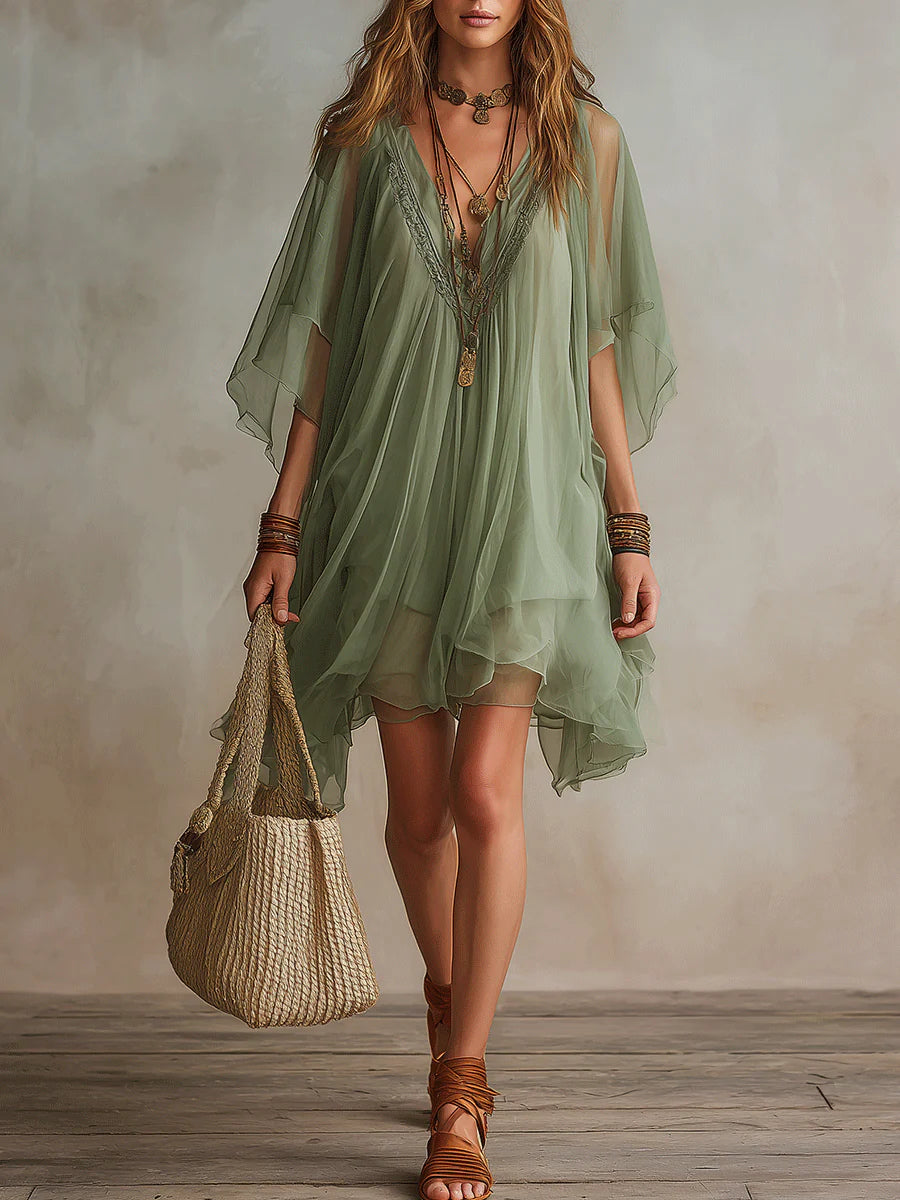 Vestido Mini Fluido de Chifón Verde con Escote en V