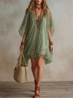 Vestido Mini Vaporoso en Chifón Verde con Escote en V