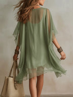 Vestido Mini Fluido de Chifón Verde con Escote en V