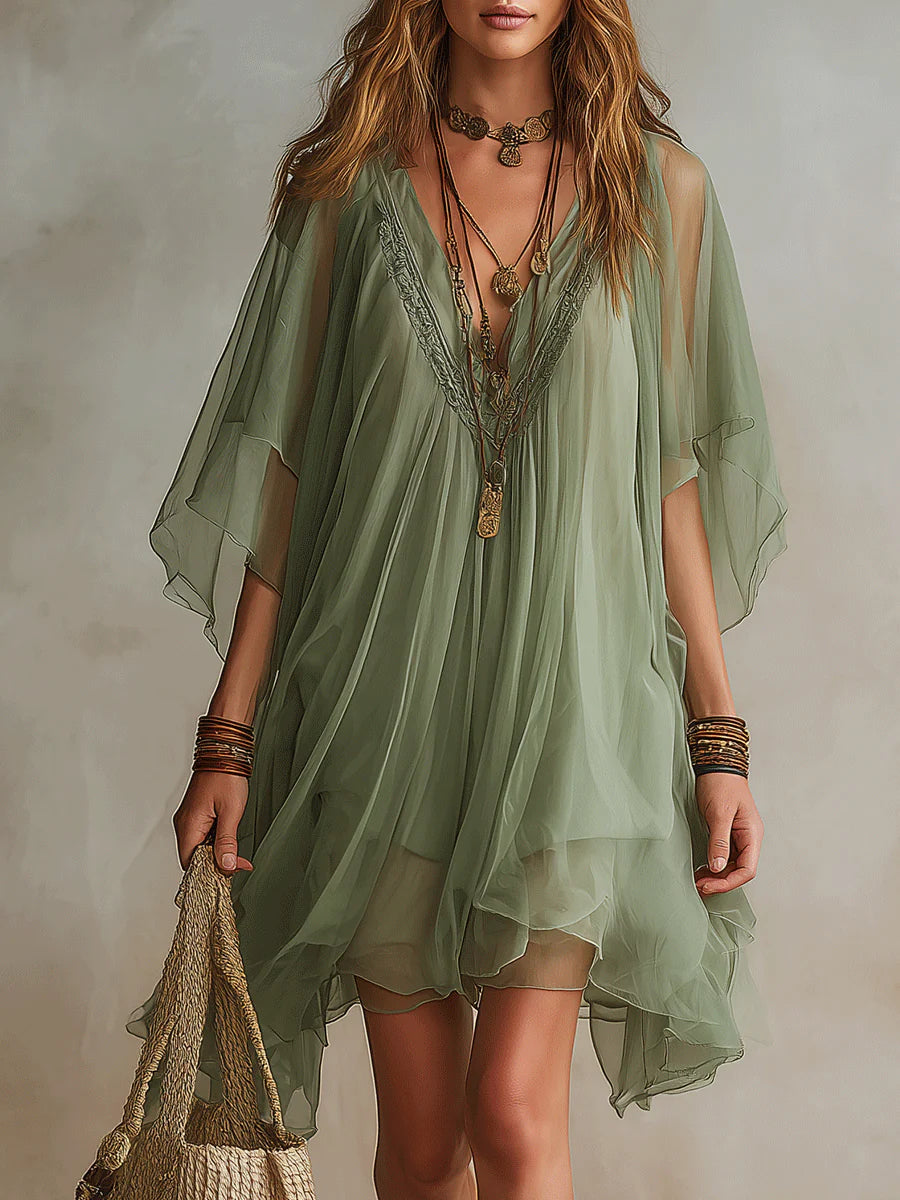 Vestido Mini Fluido de Chifón Verde con Escote en V