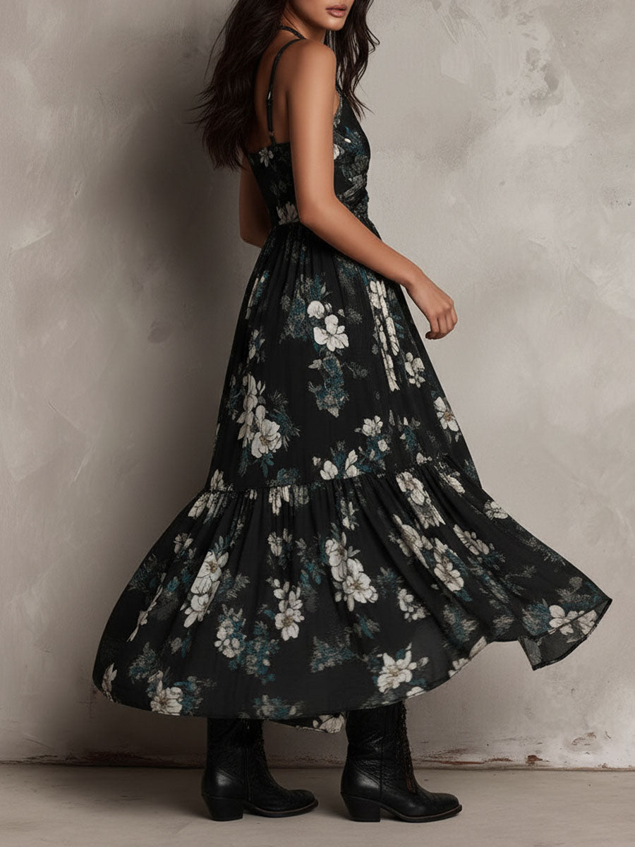 Vestido Maxi Sin Tirantes con Estampado Floral Negra
