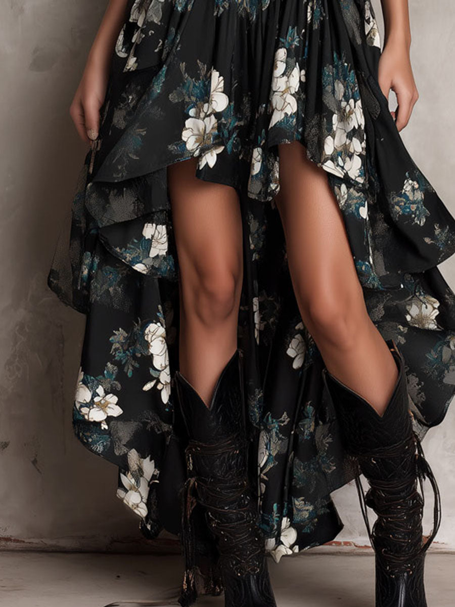 Vestido Maxi Sin Tirantes con Estampado Floral Negra