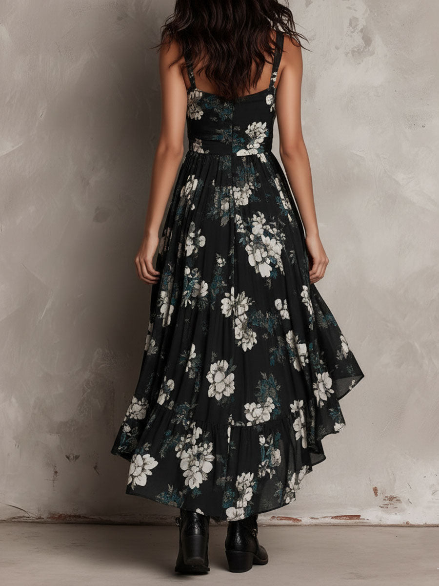 Vestido Maxi Sin Tirantes con Estampado Floral Negra