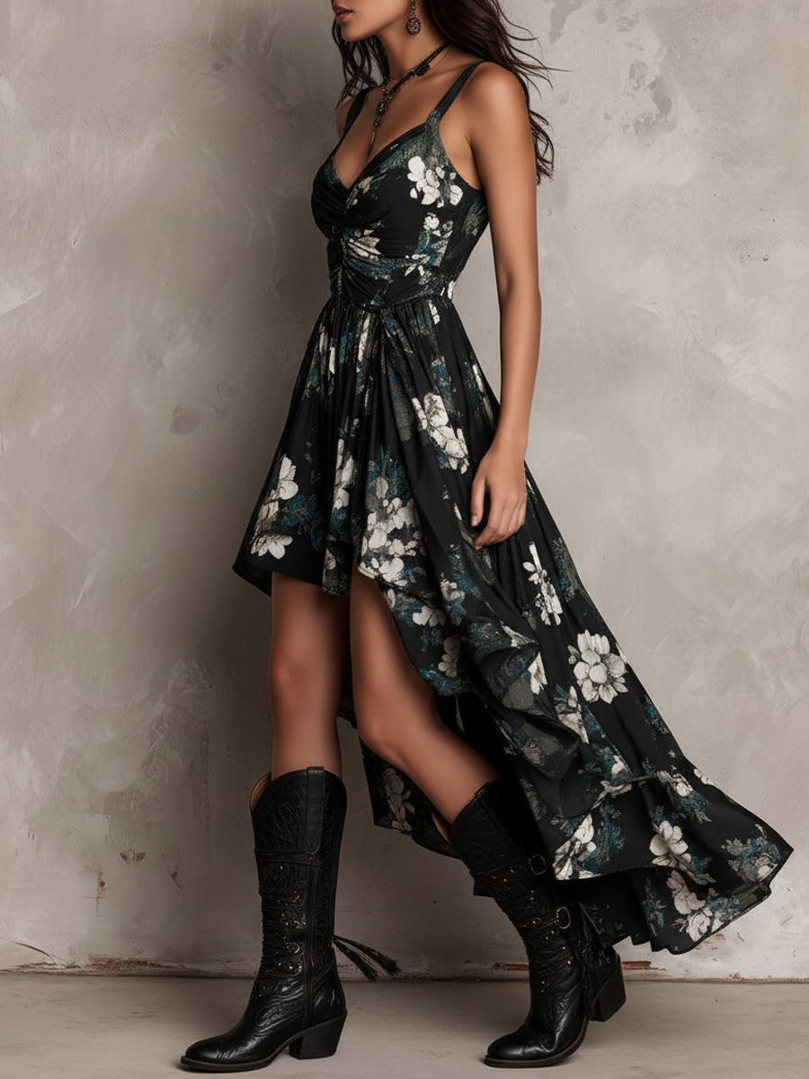 Vestido Maxi Sin Tirantes con Estampado Floral Negra