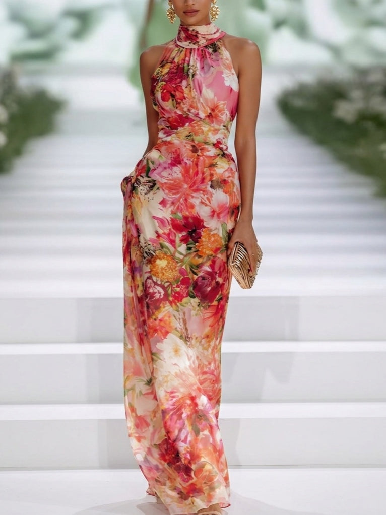 Vestido Maxi de Chifón Rojo con Escote Halter