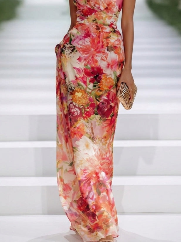 Vestido Maxi en Chifón Rojo con Escote Halter