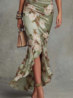Vestido Maxi Asimétrico en Satén Verde a Flores