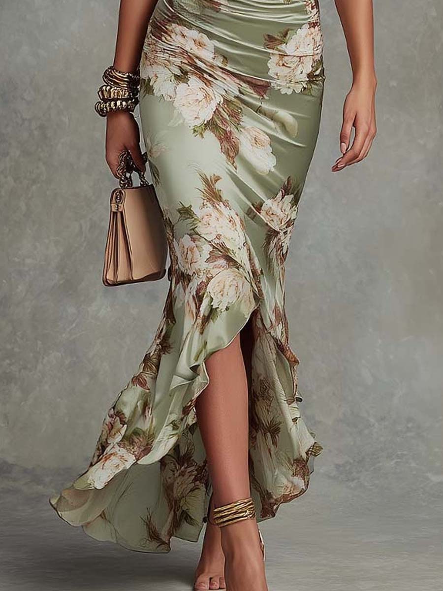 Vestido Maxi Asimétrico en Satén Verde a Flores