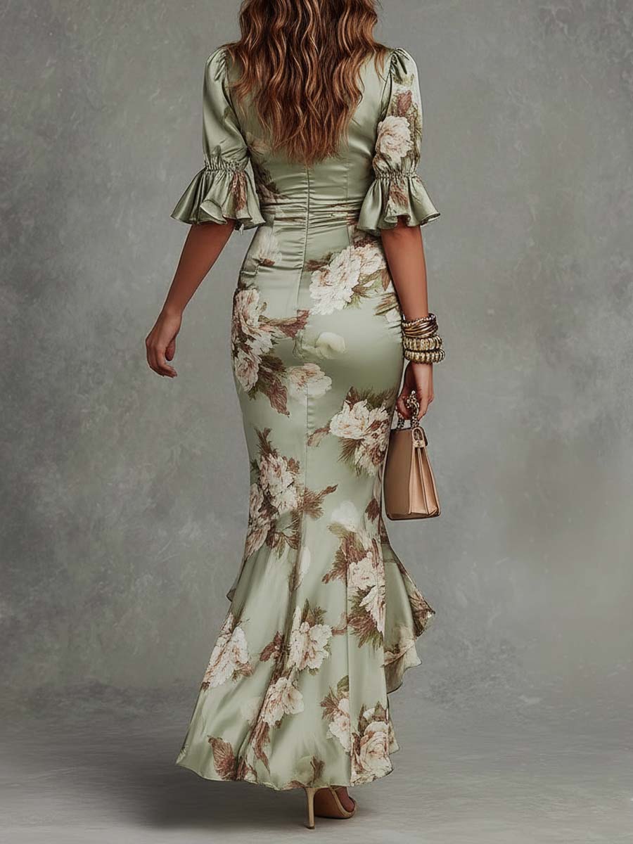 Vestido Maxi Asimétrico en Satén Verde a Flores