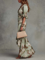 Vestido Maxi Asimétrico de Satén Verde Floral
