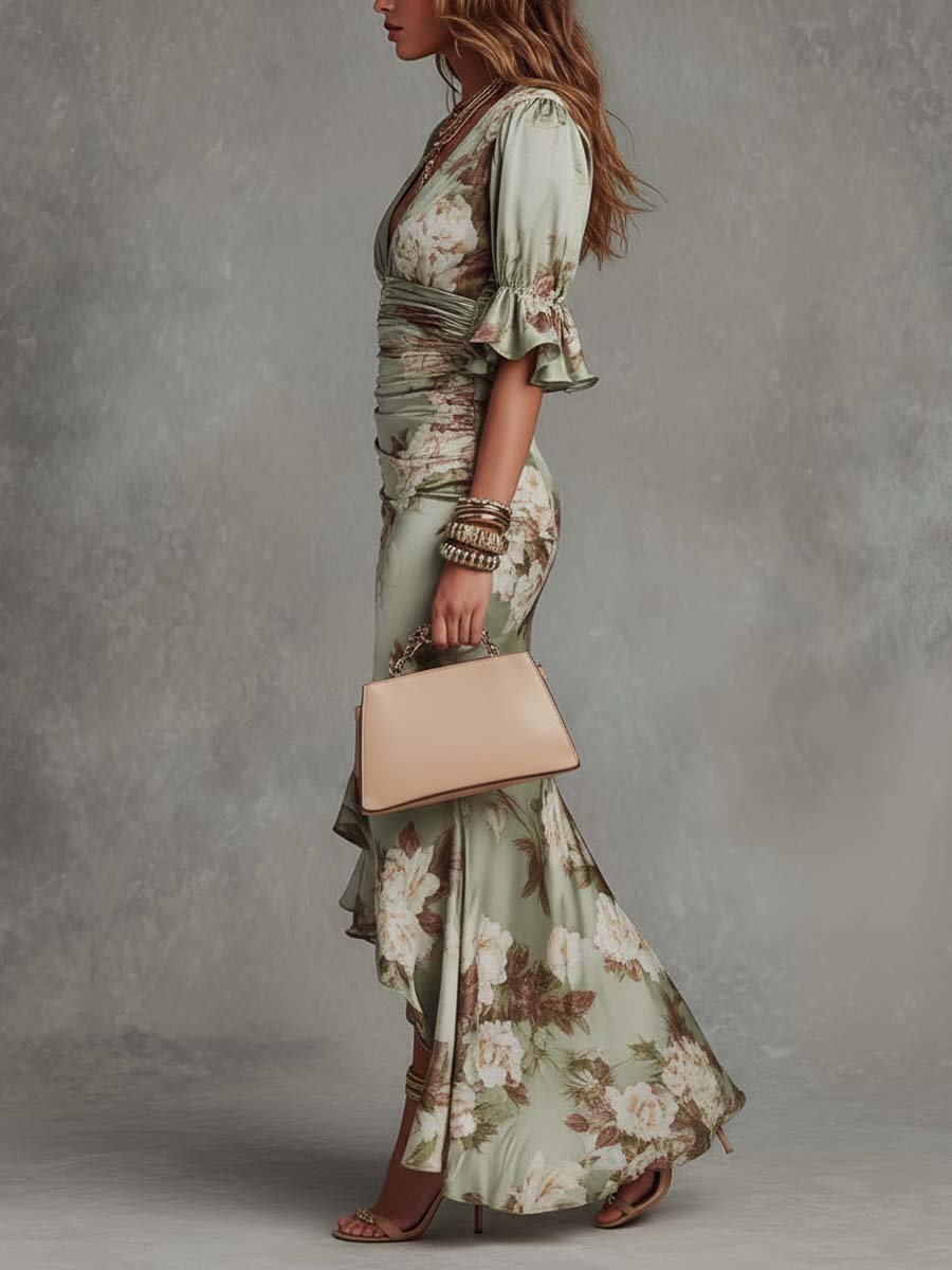 Vestido Maxi Asimétrico de Satén Verde Floral