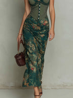 Giorgia - Vestido largo con eestampadodo floral de rayas y borde de encaje retro