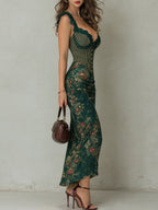 Giorgia - Vestido largo con eestampadodo floral de rayas y borde de encaje retro