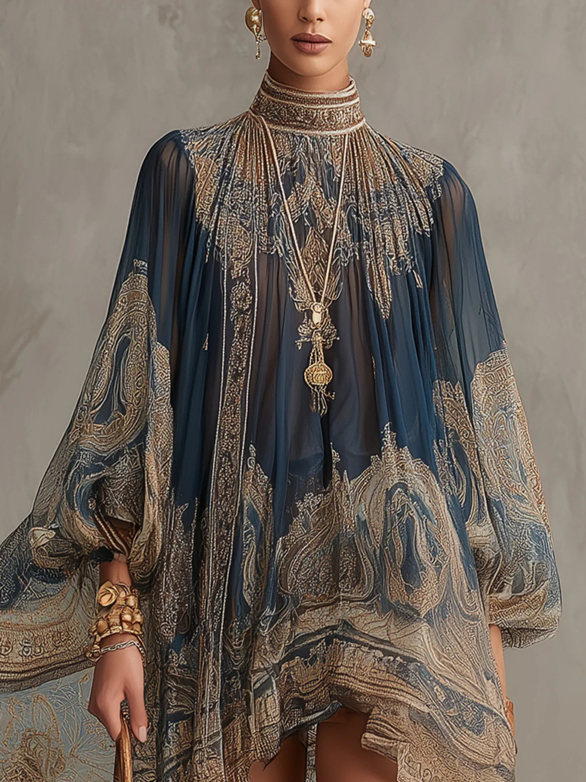 Vestido Mini de Chifón con Estampado Barroco Azul Marino