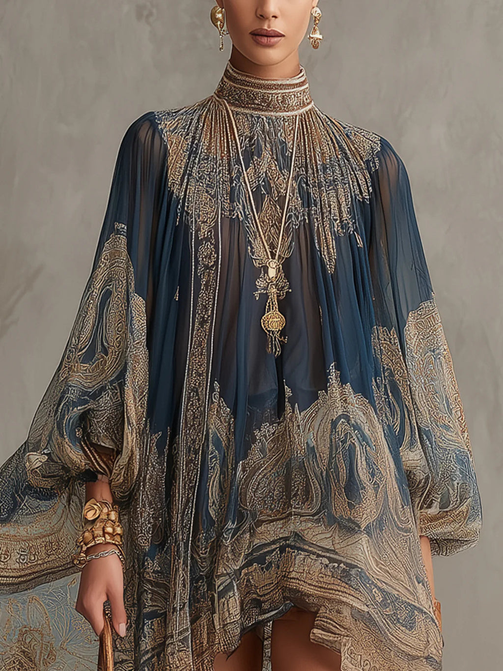 Vestido Mini en Chifón con Estampado Barroca Azul Marino