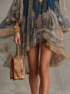 Vestido Mini en Chifón con Estampado Barroca Azul Marino